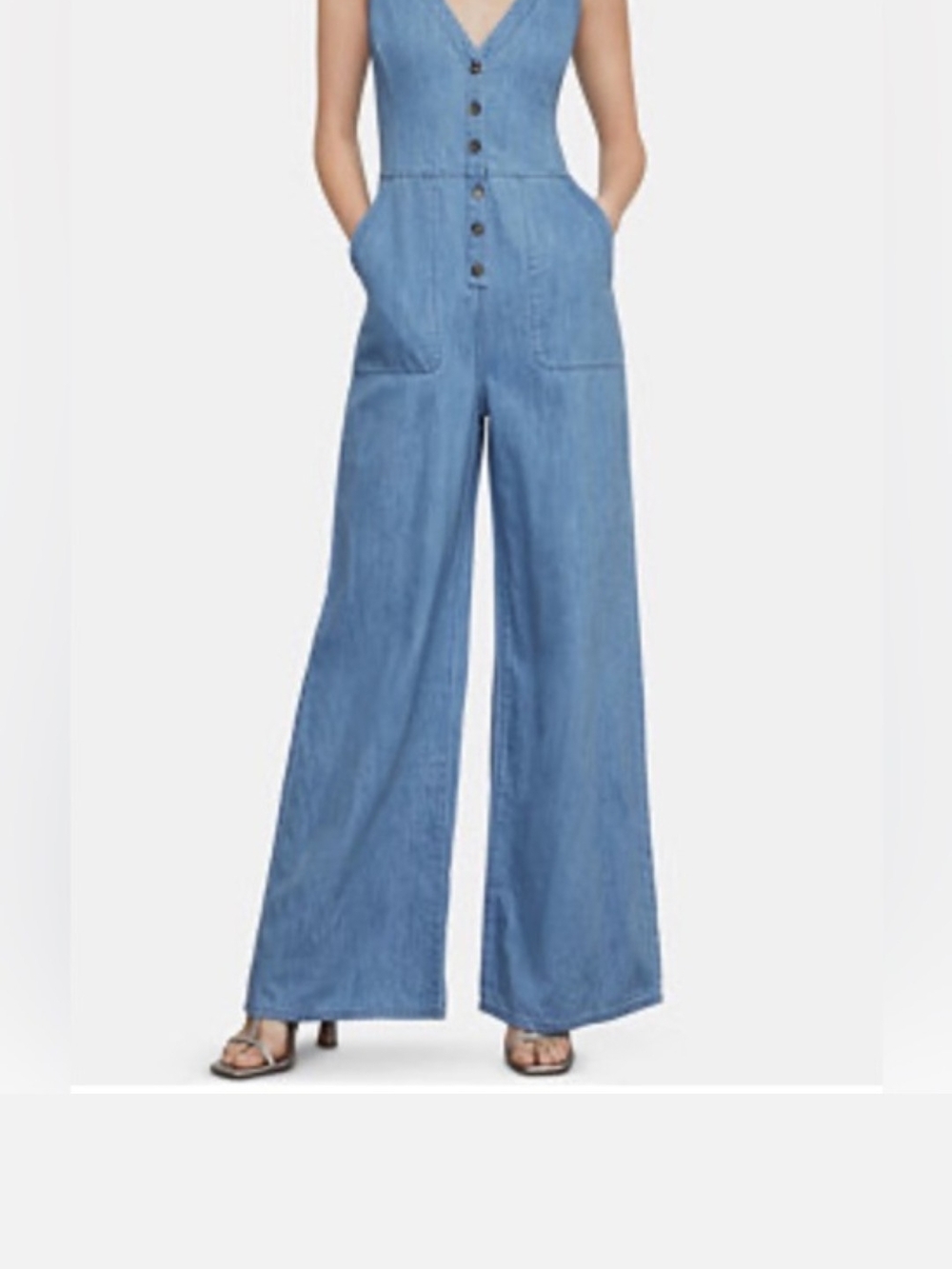 BCBGMaxAzria Light Blue Denim Button-Front Wide Leg Jumpsuit